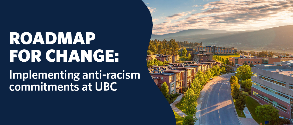 Text reads 'Roadmap for change: implementing anti-racism commitments at UBC' with a picture of a road passing through the UBC Okanagan campus.