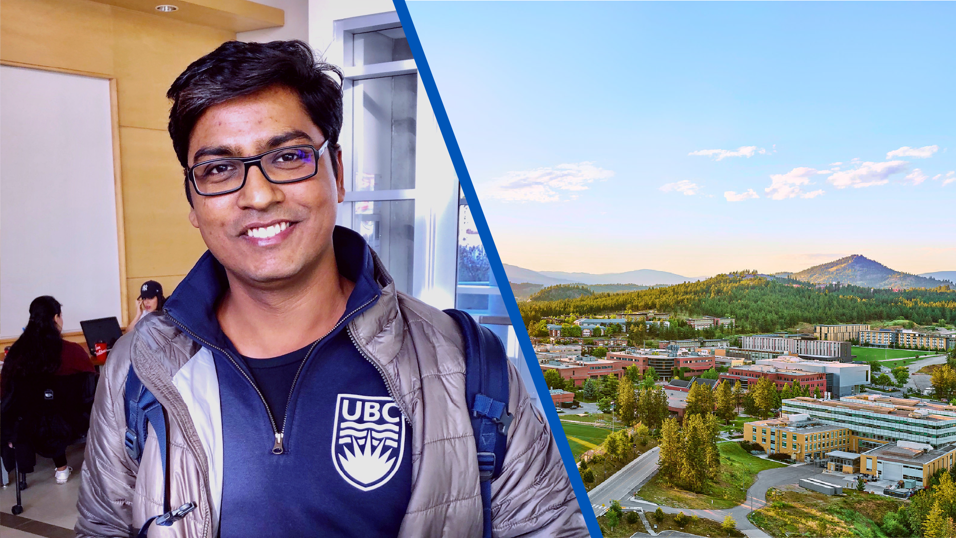 Photo of Manish Kumar next to an image of the UBC Okanagan campus.